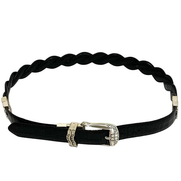 Dark brown & black reversible belt moc croc texture braided silver buckle 30" - Picture 7 of 9